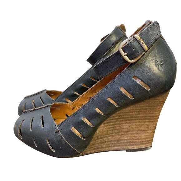 Frye Gwen Ankle Strap Black Leather Wedge Sandals 9.5 - Picture 6 of 11